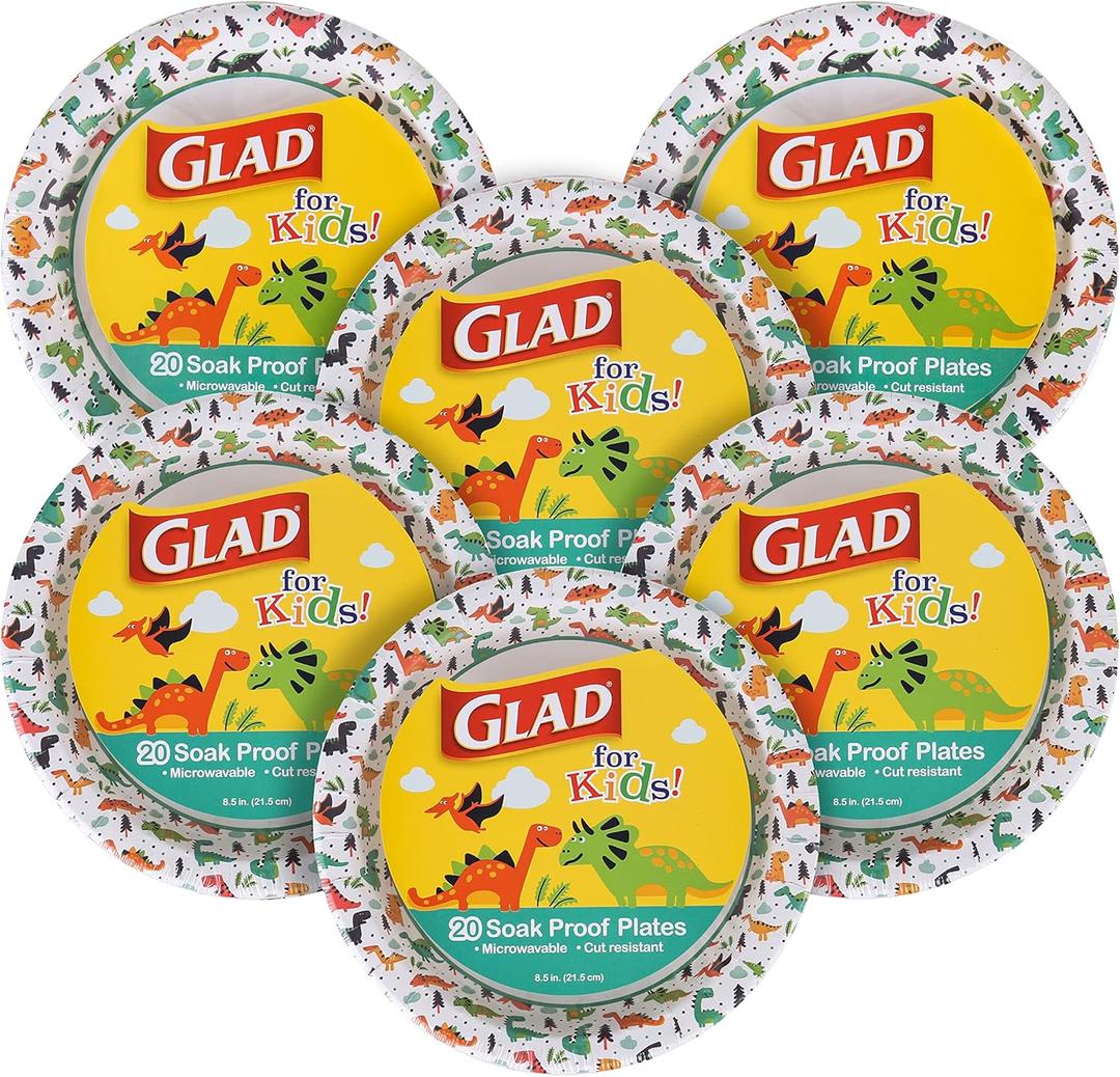 Glad for Kids Dinosaur Disposable Paper Plates, Heavy Duty Soak Proof Microwave Safe Kids Plates for Snacks, Meals, and Parties, Fun Dino Design, Party Pack, 8.5 Inch, 20 Count - 6 Pack (Multicolor)