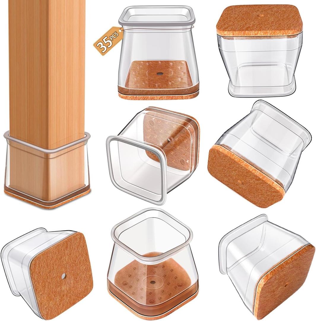 35 Pcs Chair Leg Floor Protectors Square, Silicone Chair Leg Protectors for Hardwood Floors, Chair Leg Caps Covers Protect Wooden Floors from Scratching Large (Fit:1-1/16" to 1-5/8")