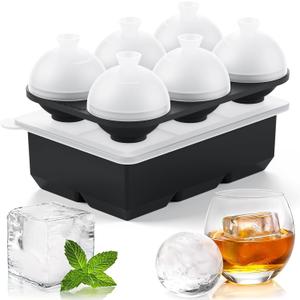 Whiskey Cocktail Ice Mold, Easy Fill and Release Silicone Round Ice Ball Maker Mold Large Square Ice Cube Tray with Lid - 6 Ice Balls + 6 Ice Cubes Black