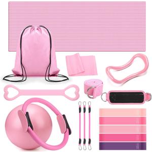 RoundFunny Set of 18 Pilates Ring Essential Kit for Women Pilates Ring and Ball Ankle Resistance Band Yoga Strap Socks Mat Arm Stretcher Latex Tube Gym Back Bag Exercise Equipment for Workout