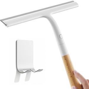 Shower Squeegee for Glass Doors, Streak-Free Silicone Window Cleaner with Detachable Wood Handle & Hook, Rust-Proof Bathroom Squeegee for Mirror, Tile Wall, Car Windshield, 10 Inch White