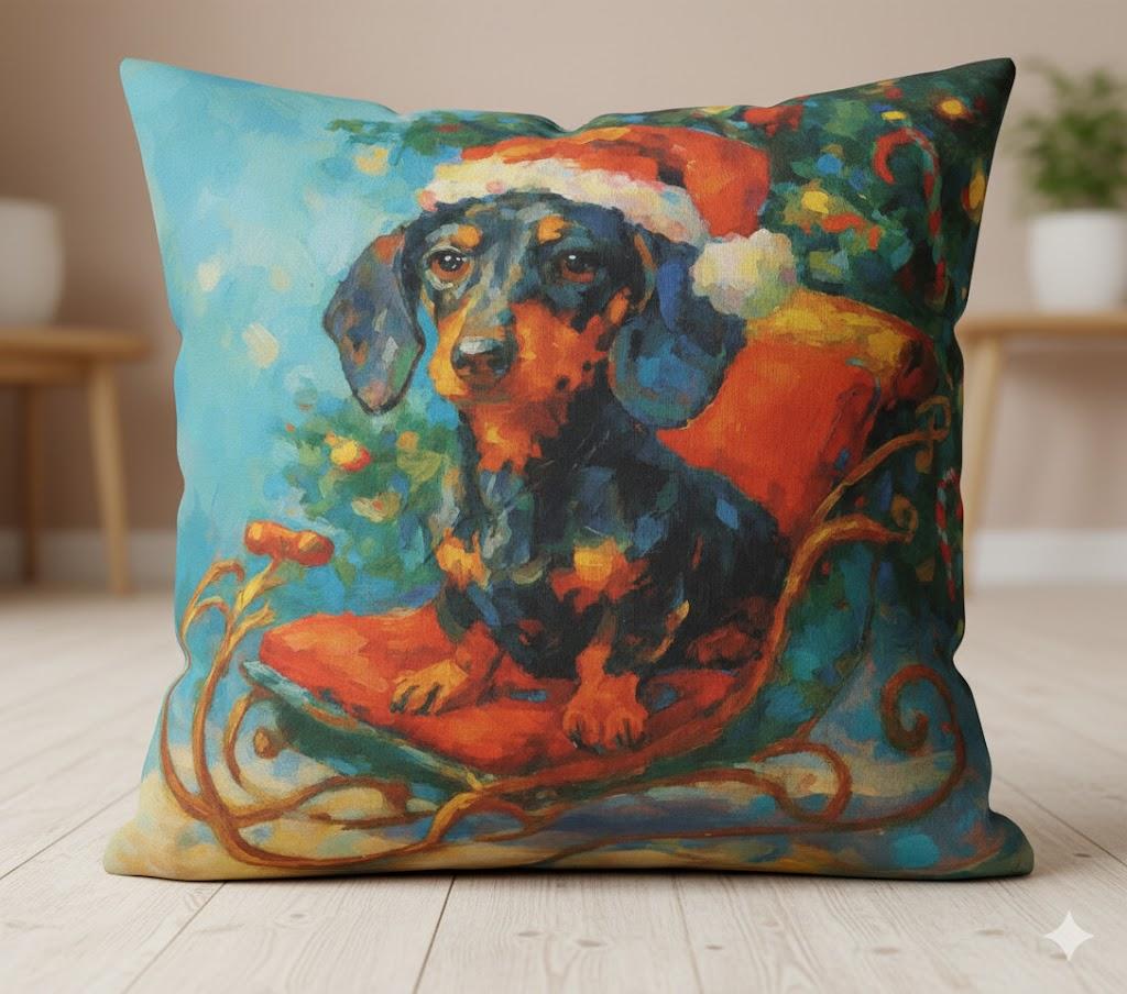 FISWAFY Vintage chirstmas dachshund sleigh pillow covers 18x18, Dachshund Lover gifts, christmas weiner dog decorative pillow