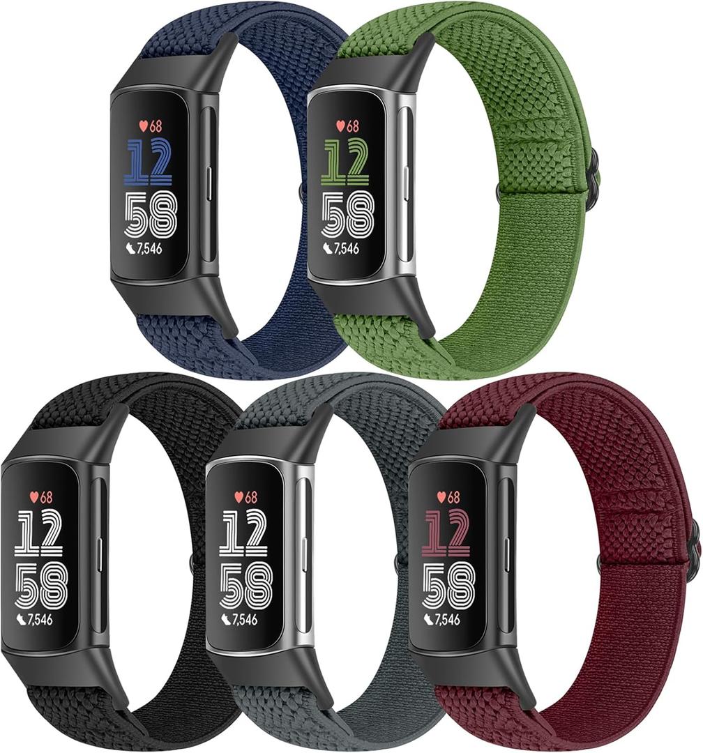 5 Pack Elastic Nylon Watch Bands Compatible for Fitbit Charge 6/Fitbit Charge 5, Adjustable Breathable Replacement Stretchy Nylon Loop Wristband Sport Strap for Women Men (Black+Grey+Indigo+Navy Green+Wine Red)