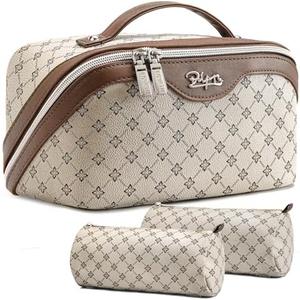 BOYATU Travel Makeup Bag Cosmetic Bags for Women: 3 Pcs Set Large Portable Make up Bag with Handle - Vegan Leather Toiletry Bags with Compartments - Makeup Organizer for Travel Essentials (A-3-Khaki)