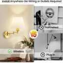 Battery Operated Wall Sconce, Wireless Rechargeable Wall Lights, Swing Arm Wall Lamps with Remotes Dimmable 15 Colors Detachable Bulbs, Gold Sconces Wall Decor Set of 2 for Bedroom Living Room