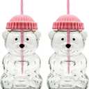 2 glasses Bear Cup Bear Straw Cup, Cute Bears Glass Cup with Straw, 500ml Reusable Glass Tumbler with Lid for Iced Coffee, Milk Tea, and Cocktails, Dishwasher Safe (pink(2 glasses))