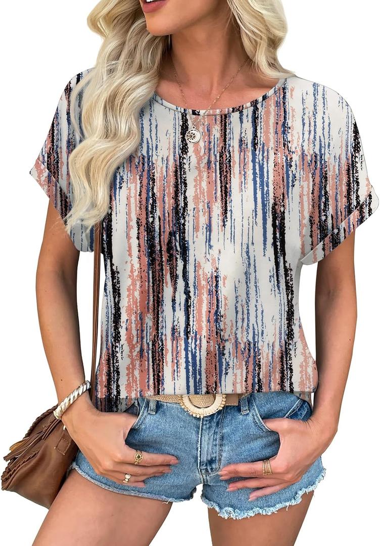 ATHMILE Women's Tunics Loose Fit Dressy Blouses Summer Short Sleeve Tops with Curved Hem Beach Vacation Clothes for Women (XXL)