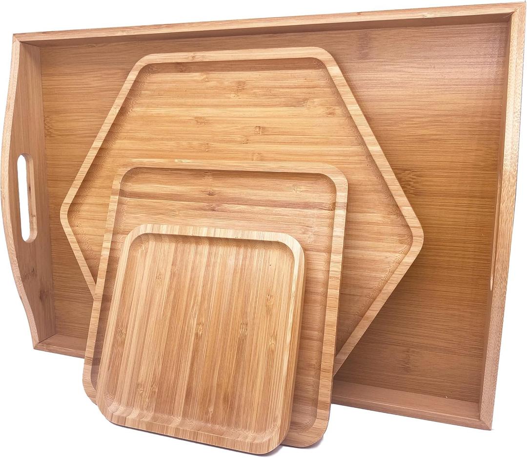 Bamboo Serving Trays Charcuterie Platter 16.5"x11.8"42x30cm with Handle, Set Includes 1xHexagon 12.5"(32cm)+1xSquare 7.8"(20cm)+1xSquare 5.9"(15cm) Small Plates for Family Dinner (1hexagon+2square)