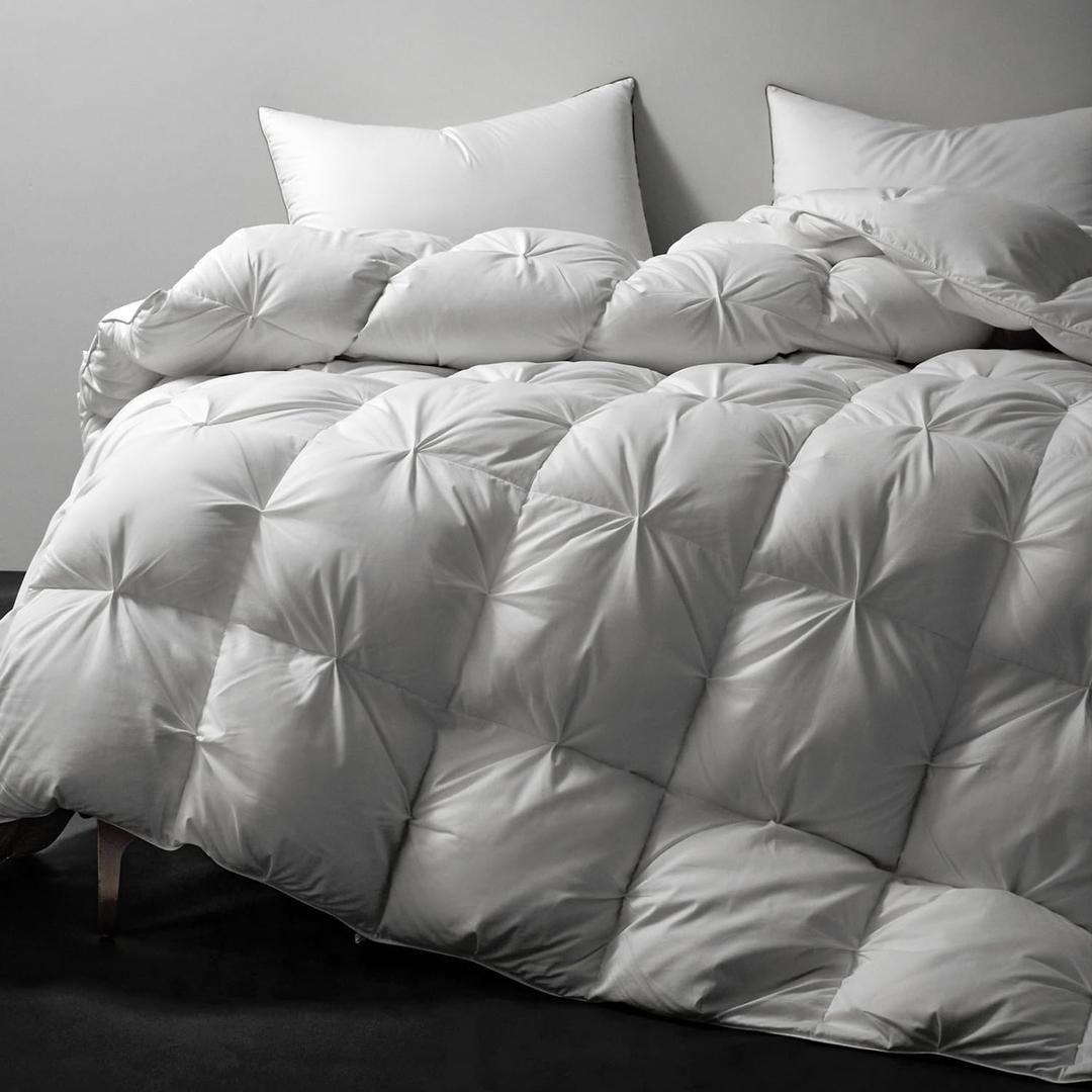 Royoliving Premium Pinch Pleat Feathers Down Comforter King Size White 100% Cotton Cover All Season Duvet Insert with Corner Tabs (106x90, 70 oz) (White Twisted Flower)