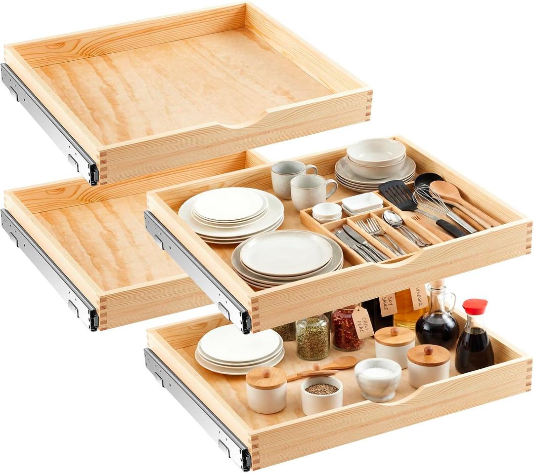 Sintuff 4 Pack Wooden Pull out Tray Cabinet Organizer Gentle Close Roll out Shelves for Kitchen Cabinets Fully Assembled Slide Pantry Shelves (26'' X 21'')