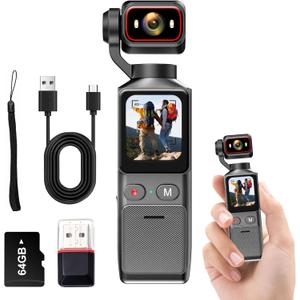 4K Handheld Vlogging Camera, WiFi Pocket Action Camera, Anti-Shake Body Cam for Traval, YouTube Camcorder Video Cam with 64GB SD Card, 180 Rotatable Lens