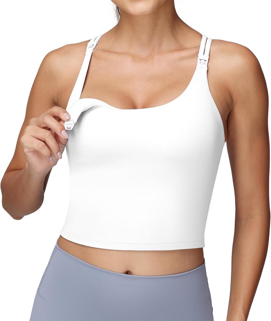 Foucome Nursing Tank Tops for Breastfeeding Longline Nursing Sports Bra Cross Back Workout Crop Top with Built in Bra (Small, White)