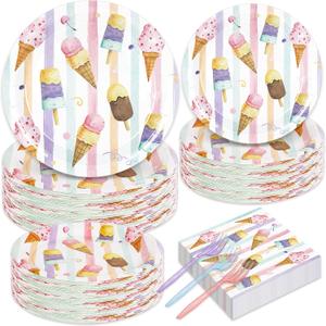 96Pcs Ice Cream Plates Napkins and Forks Set Watercolor Popsicle and Sweet One Paper Tableware for Summer Baby Shower Supplies, Serves 24