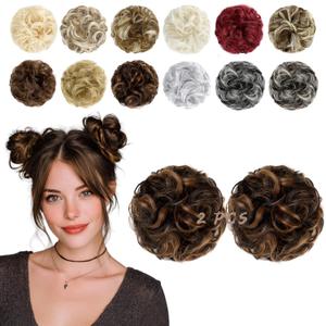 2 PCS Messy Bun Hair Piece Wavy Curly Hair Bun Scrunchies Extensions Synthetic Chignon Thick Updo Hairpieces for Women Girls(Dark Brown Mix Light Auburn)