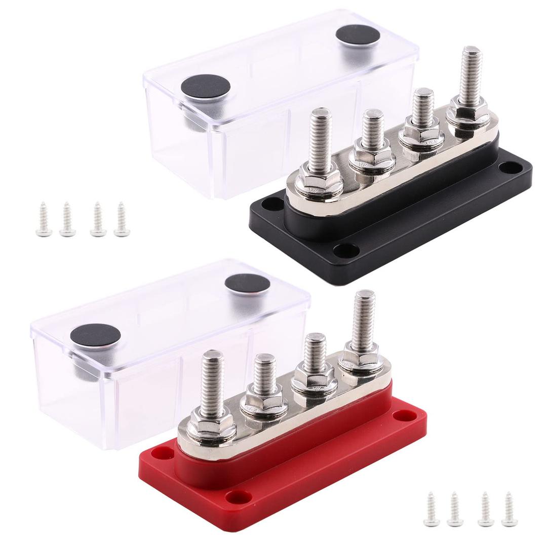 Bus Bar 12V-48V Copper Busbar Power Distribution Block 300A, 4X 5/16" Posts Battery Terminals Blocks Ground Buss Bars 300 Amp DC for Car RV Solar System Vehicle Marine, 2 Pack
