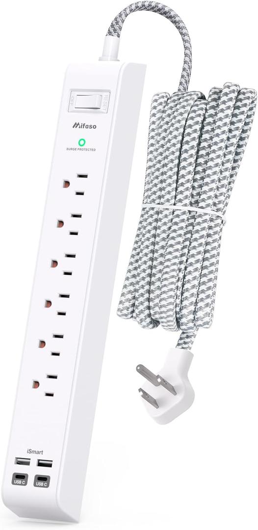 Surge Protector Power Strip 10 ft with 4 USB Ports 2 USB-C 6 AC Outlets, Flat Plug Extension Cord, USB Charging Station, Wall Mountable for Home, Office, Dorm Essentials, 1080J, ETL Listed (White&Grey)