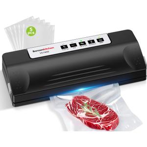 Bonsenkitchen Vacuum Sealer Machine for Food, Multi-Functional Food Sealer, Automatic Operation Mode, Commercial Grade, Compact Design, with 5 Vacuum Bags, Black-Silver