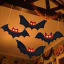 Lighted Halloween Hanging Bats, 4 Packs Halloween Decorations Outdoor Scary Large Black Hanging Flying Bat with LED Lights Spooky Glow Eyes Waterproof for Yard Sign Window Wall Decor Indoor Clearance