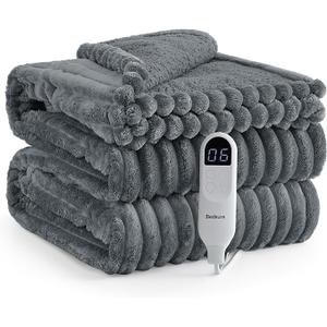 Bedsure Electric Blanket Twin  Thick Striped Flannel Electric Blanket, Heating with 10 Time Settings, 6 Heat Settings, and 8Hour Timer Auto Shut Off, Gift for Grandma (62x84 inches, Grey)