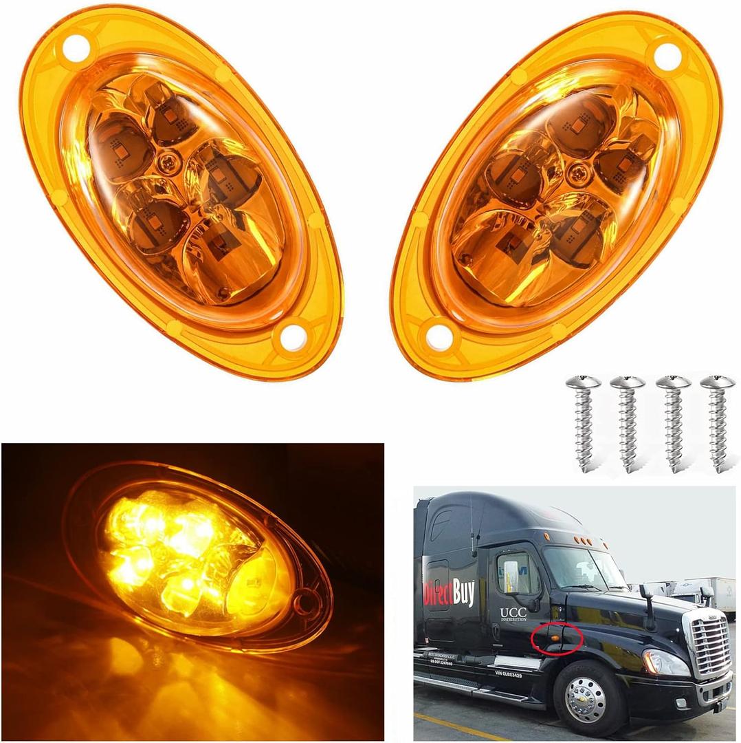 2PCS LED Side Marker Turn Signal Lights Assembly, Amber Lens Super Bright Amber 5-2835-SMD, Replacement for Freightliner Cascadia Semi Truck Front Cab Side Turn Marker Parking Clearance Light