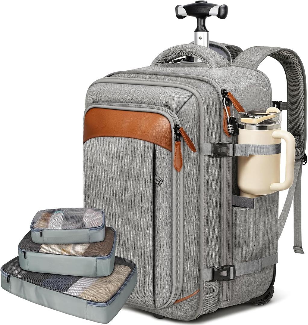 Vancropak Expandable Travel Rolling Backpack with Wheels, Airline Approved Wheeled Backpack with 3 Packing Cubes, 17 Inch Roller Carry on Luggage Suitcase Laptop Bag for Men Women, Grey, Large
