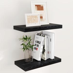 Fun Memories 16 Inch Long Floating Shelves in Black, 9.3 Inch Deep Floating Shelf for Wall, Living Room, Kitchen, Rustic Deep Wood Shelves for Bathroom, 2 Pack Storage Display Shelf for Books, Decor