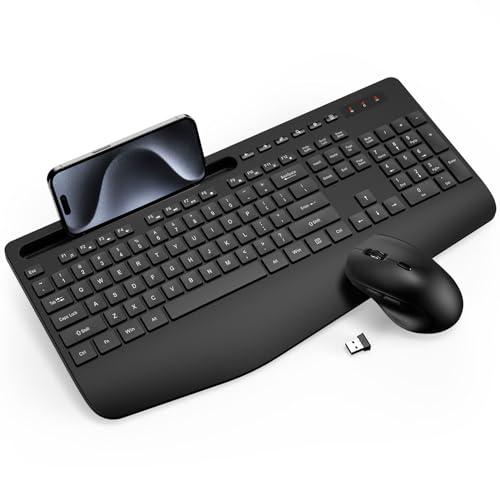 Wireless Keyboard and Mouse Combo - Full-Sized Ergonomic Keyboard with Wrist Rest, Phone Holder, Sleep Mode, Silent 2.4GHz Cordless Keyboard Mouse Combo for Computer, Laptop, PC, Mac, Windows -Trueque