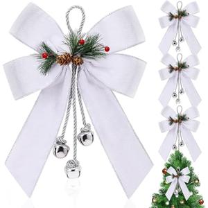 Yinkin Christmas Tree Wreath Bow Christmas Ribbon Bows with Bells 11 x 7.8 in Velvet Pine Cone Bowknot Xmas Tree Hanging Ornaments Decor for Home Xmas Party Outdoor Indoor(White,4 Pcs)