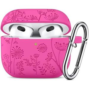 Lerobo Flower Engraved Case for AirPods 3rd Generation Case Cover with Keychain Accessories, Silicone Skin Cover Compatible with Apple AirPod 3rd Generation,Full Protection,Front LED Visible,Rose Pink