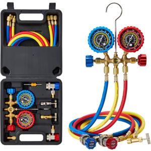 AC Gauges HVAC Manifold Gauge Set for R134 R22 R12 R502, with 5ft Hoses Couplers Adapters Puncturing Can Tap Tools for R134a Refrigerants Charging and Evacuation
