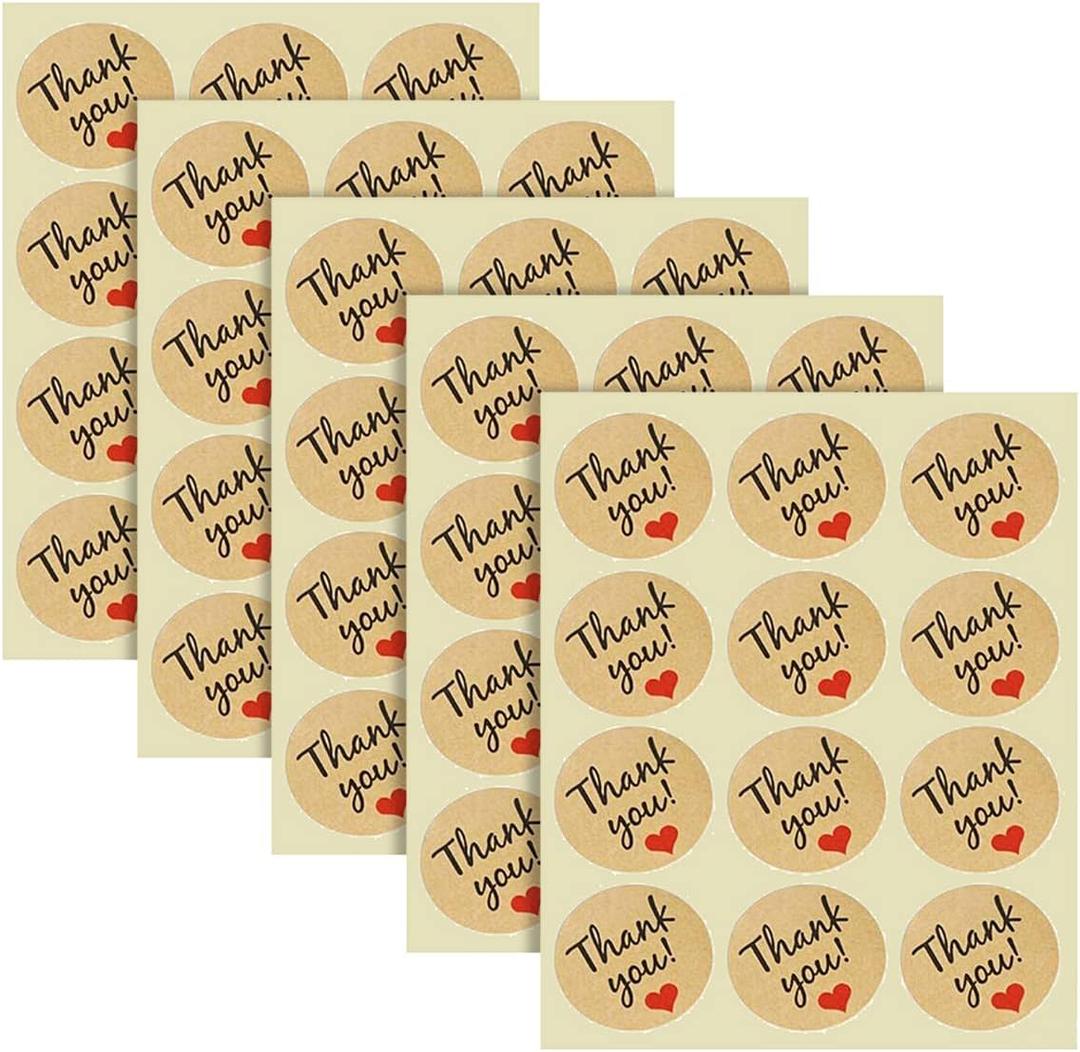 Queenbox 60pcs Thank You Kraft Lable Sticker, Round Red Love Heart Adhesive Label for Envelope Bottle Box Party Gift (Natural)