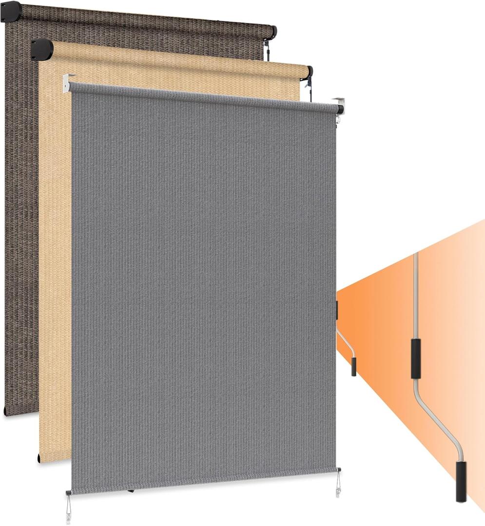 HOMEDEMO Outdoor Roller Shades for Patio, 7'W x 8' H(WxH) Grey Roll up Shade for OutsideSun Roller Shade Cloth Roll Blinds Cordless Waterproof for Porch Gazebo Pergola Balcony Backyard
