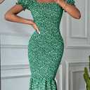 PRETTYGARDEN Summer Floral Bodycon Midi Dresses 2026 Puff Sleeve Mermaid Cocktail Baby Shower Photoshoot Maternity Dress (Green, S)
