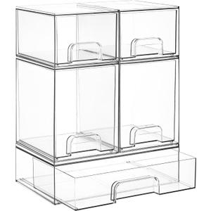 Vtopmart Stackable Storage Drawers Set of 5, Clear Plastic Organizer Bins for Baby Bottle, Beauty Supplies Storage, Ideal for Kichen Countertop, Vanity, Bathroom, Cabinet, Pantry Organization