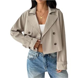 GORGLITTER Women's Cropped Trench Coat Lapel Button Down Long Sleeve Casual Jacket Outwear Fall Outfits 2025 Apricot Petite XS