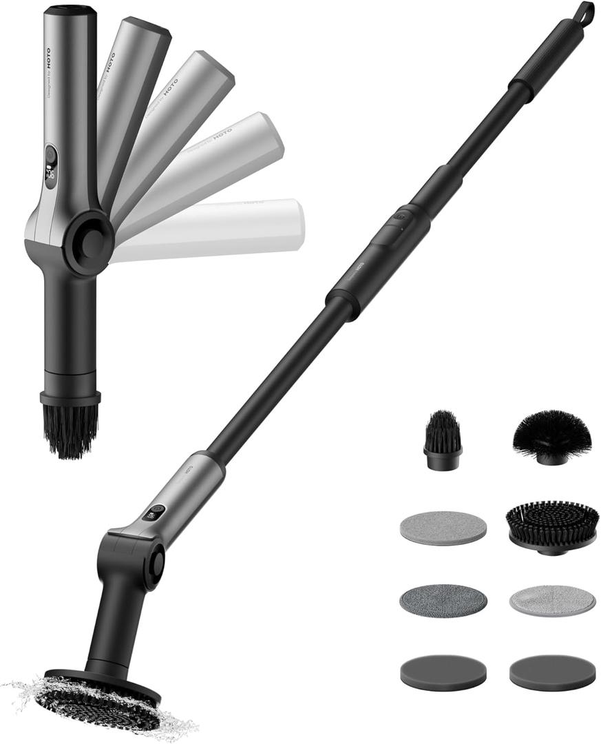 HOTO Flexi Cordless Electric Spin Scrubber, Adjustable Angle, Extendable Handle, Smart Display, IPX7 Waterproof, Powerful Cleaning Scrubber with 8 Replaceable Brush Heads, for Bathtub, Bathroom, Tile
