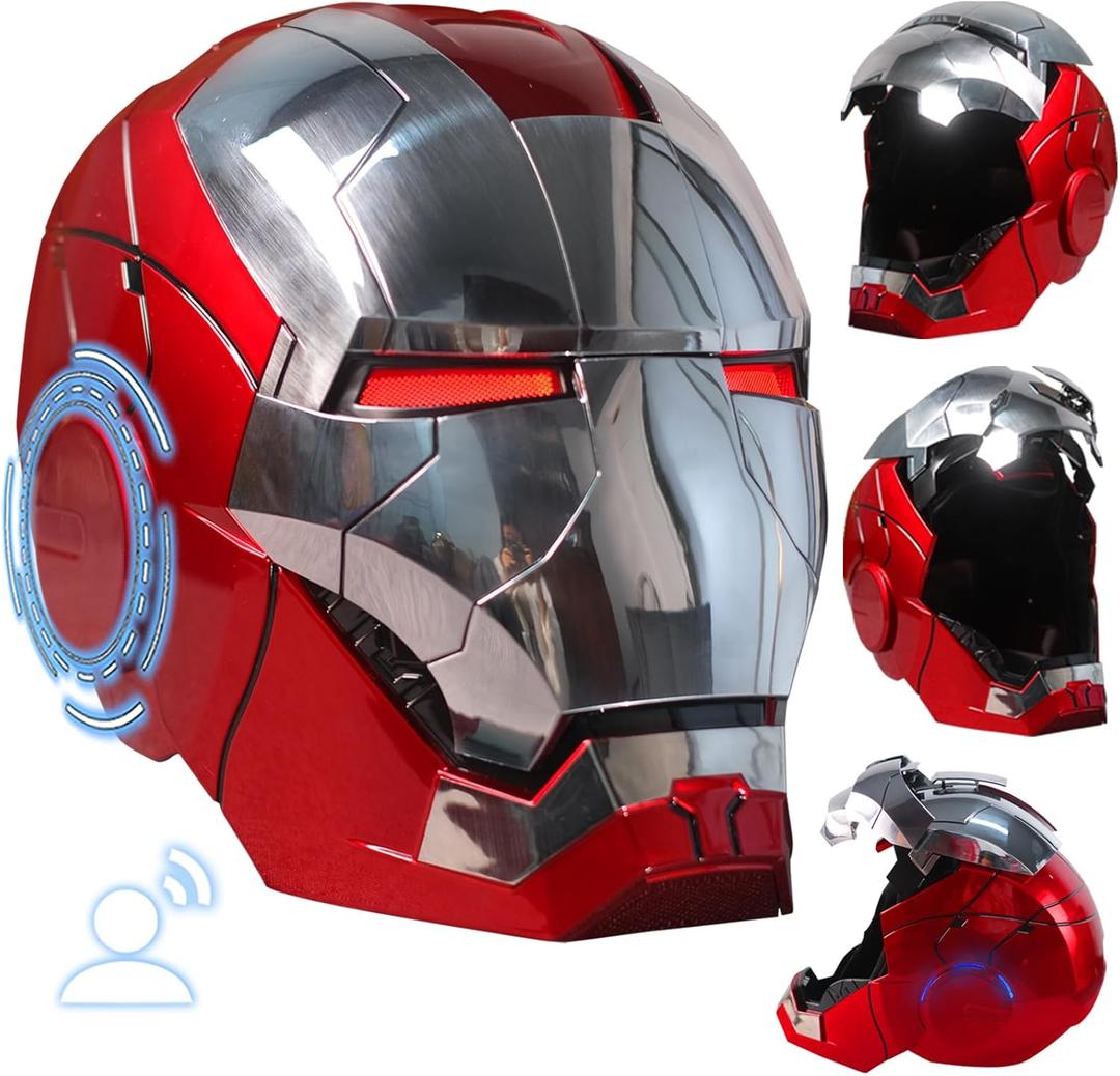 Iron-Mans Helmet Electronic Mark 5 Helmet Silver Voice Control/Sensing/Remote Control Open/Close with Sounds & LED Eyes Light Up Super Hero Movie 1:1 Model Prop, Large