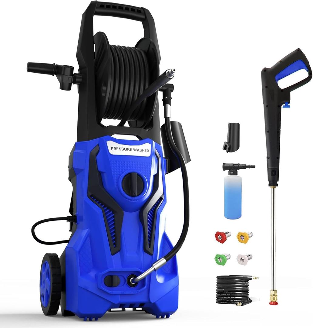 Electric Pressure Washer - 4800PSImax 3.2GPM Power Washer Electric Powered with 25 FT Hose Reel 4 Interchangeable Nozzle & Foam Cannon, for Cars, Patios, and Floor Cleaning, Deep Blue