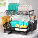 Dish Drying Rack - 2 Tier Large Capacity Dish Rack- Dish Racks for Kitchen Counter with Drainboard, Rustproof Dish Drainer with Removable Utensil Holder,Cutting Board Holder,Cup Holder, Black