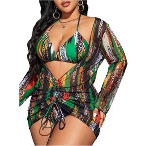 SHENHE Women's Plus Size Leopard Swimsuits 3 Pieces Halter Triangle Bikini Set with Cover Up (4X-Large Plus, Green)