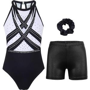 MODAFANS Gymnastics Leotards for Girls With Shorts Tumbling Dance Clasp Back Activewear, Multi-Geometry Set, 2XL