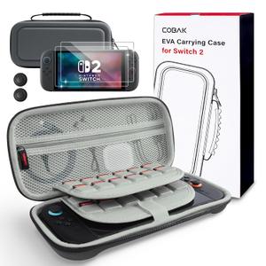 2 x CoBak Large Capacity Carrying Case for Nintendo Switch 2 (2025) - 3 in 1 Accessories Bundle with 2 Screen Protectors, Thumb Grip Caps, 24 Game Cartridges, Hard Shell Portable Travel Pouch, Gray