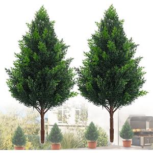 Artificial Cedar Topiary Plants: 20 Inch (2P) UV Resistant Faux Pine Stems Shrubs Plastic Greenery for Outdoor Indoor Home Decor, Garden, Front Porch, Office, Restaurant & Holiday Party