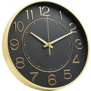 HZDHCLH 12inch Wall Clocks Battery Operated, Quartz Movement, Silent Non Ticking Modern Wall Clock for Living Room Bedroom Kitchen Office School Classroom Decor Black Gold