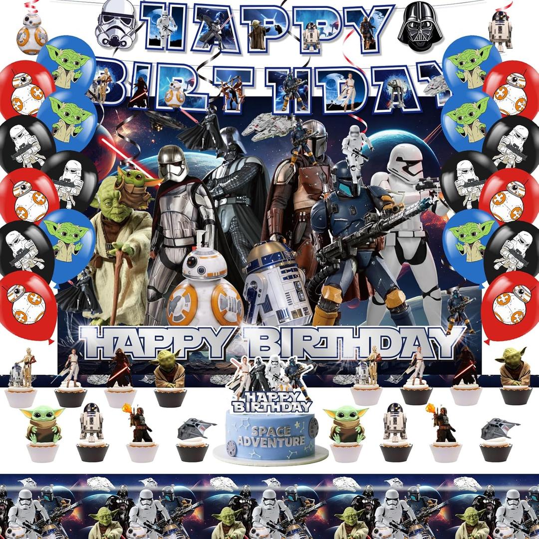 52 Pcs star Party Supplies Kit, Space-Themed Decorations with Banner, Balloons, Backdrop, Cake Toppers, Tablecloth for Kids Birthday Party