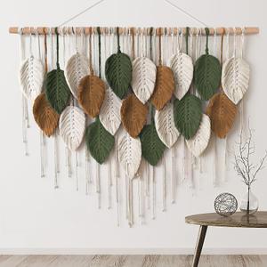 Macrame Wall Hanging Boho Woven Tapestry, Chic Home Decor Modern Bohemian Handmade Leaf Feather Wall Art Decorations for Apartment Dorm Living Room Bedroom Nursery Backdrop