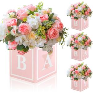 4 Pcs Baby Shower Flower Boxes Table Centerpieces Decoration Pink Baby Block Floral Holder Centerpiece Baby in Bloom Gender Reveal Birthday Party Decors Table Display Its A Girl Its A Boy