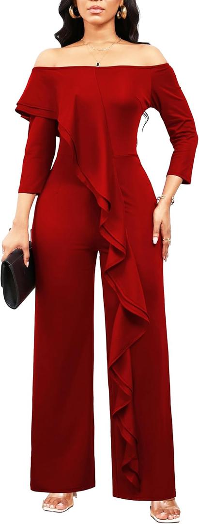 sexycherry Formal Jumpsuit for Women Dressy Elegant Long Straight Pants Jumpsuits for Party Club with Zipper (Small, Red/Off Shoulder)