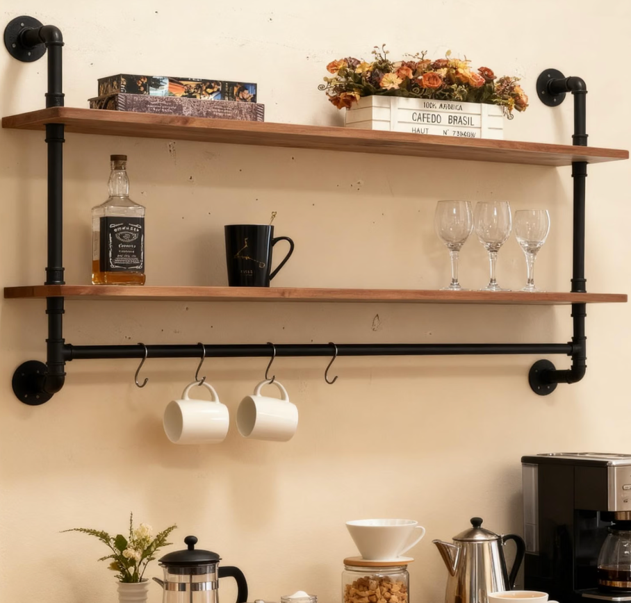 Industrial Pipe Shelving Wall Mounted,Pipe Shelves with Plank(2 Tier 42In)