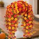 Artificial Fall Hanging Flowers for Outdoors, 2Pcs Faux Silk Fake Morning Glory Mums for Autumn, UV Resistant Realistic Plants for Home Garden Porch Patio Balcony Planter Yard (2Pcs Fall 2 Colors)